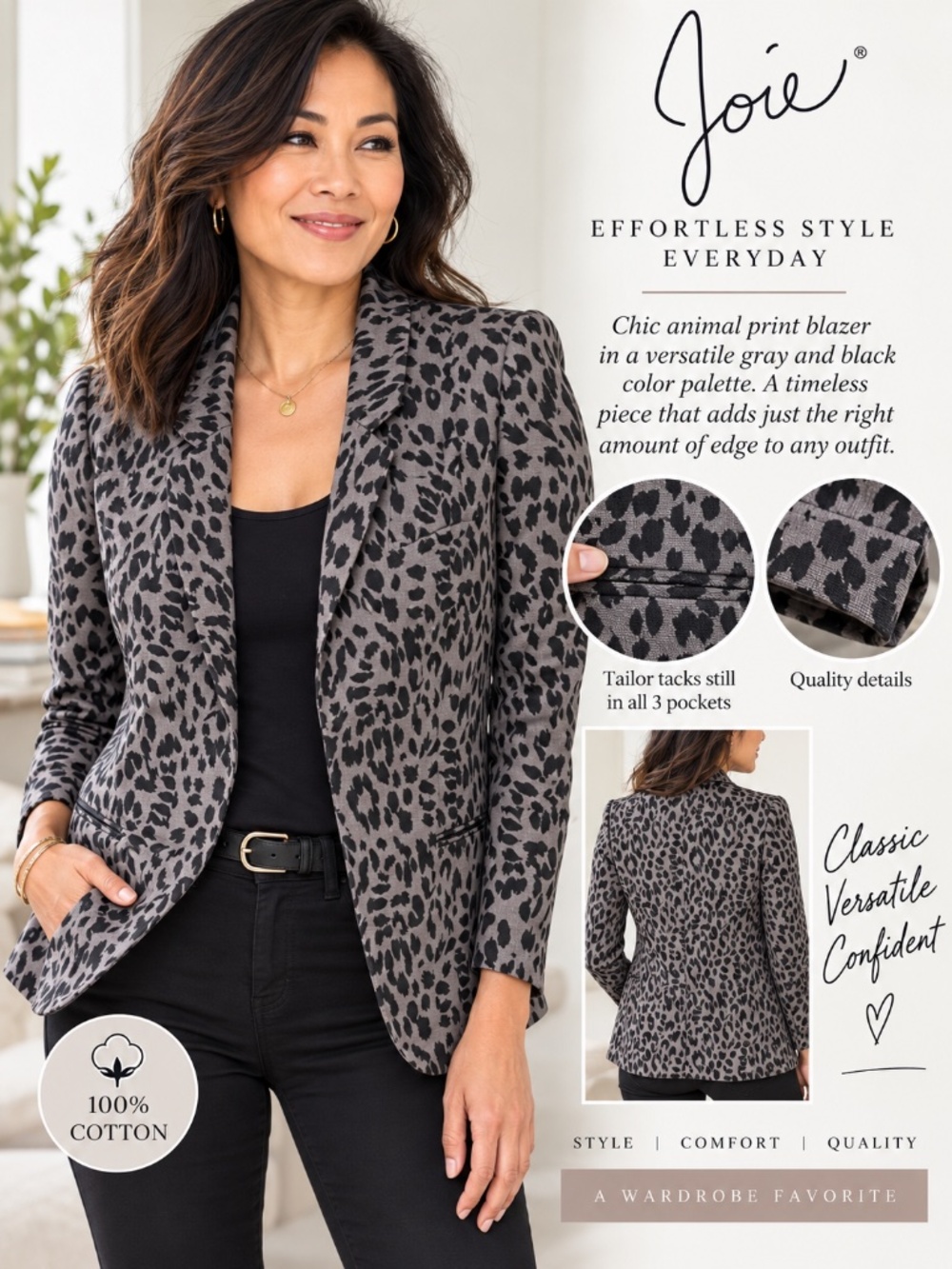 Joie Gray Black Animal Leopard Print Cotton Blazer Jacket Size 2